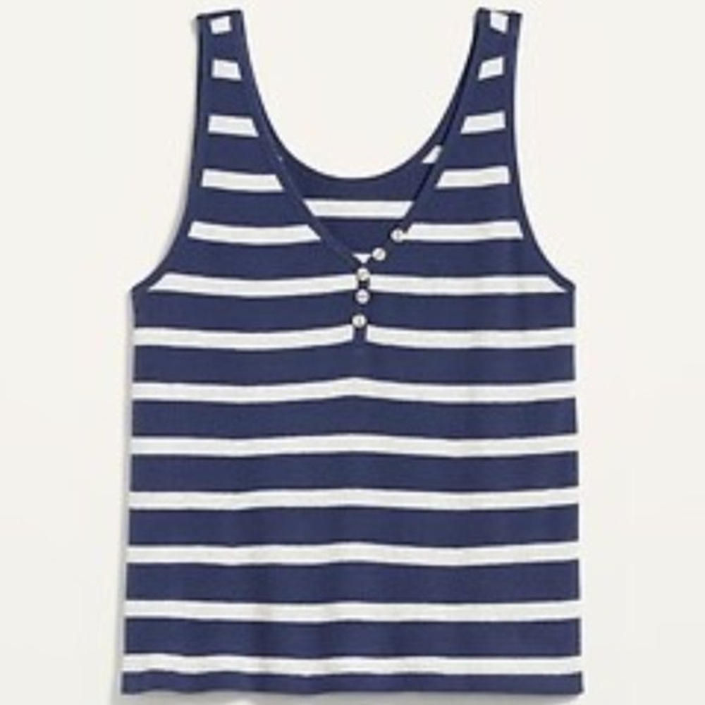 Thermal Henley Tank Top Navy Grey Stripe Button XL tall